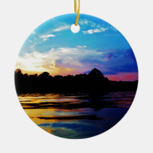 Rainbow sunset on mountain Lake Ceramic Tree Decoration