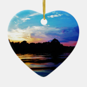 Rainbow sunset on mountain Lake Ceramic Tree Decoration