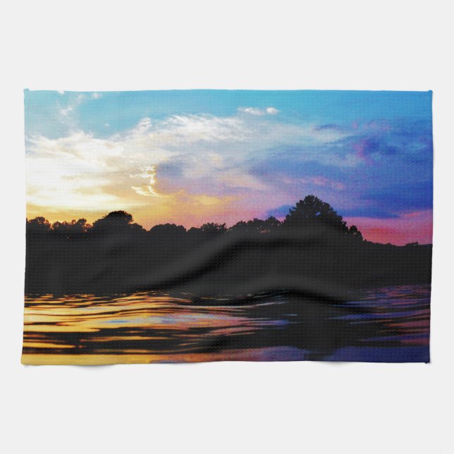 Rainbow sunset on mountain Lake Tea Towel (Horizontal)