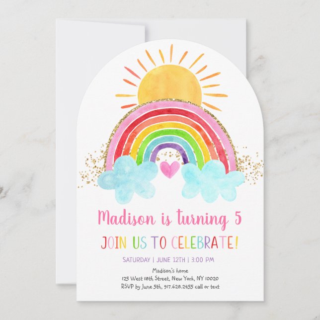 Rainbow Sunshine Pink Gold Birthday Invitation (Front)