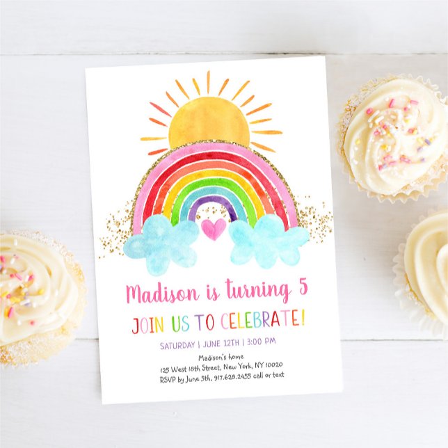 Rainbow Sunshine Pink Gold Birthday Invitation (Creator Uploaded)