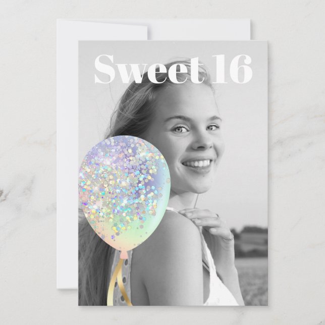 ~*  Rainbow Sweet 16 PHOTO Balloon AP29 Birthday Invitation (Front)