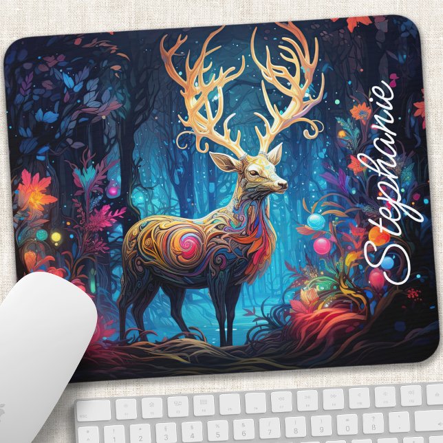 Rainbow Swirl Forest Deer Personalised Mouse Mat (Creator Uploaded)