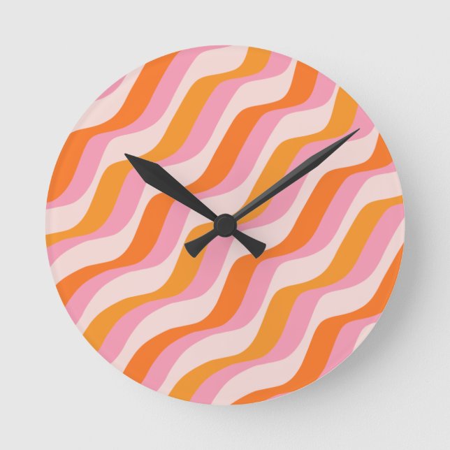 Rainbow Swirl Pink Orange Abstract Retro Sunshine Round Clock (Front)