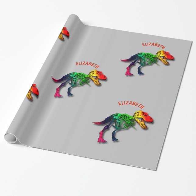 Rainbow T Rex Funny Fossil With Your Name Wrapping Paper (Unrolled)