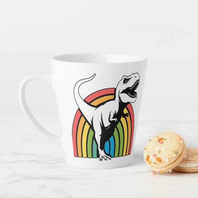 Rainbow T Rex Latte Mug (In Situ)