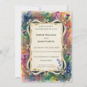 Rainbow Tartan Wildflower Wedding Invitation