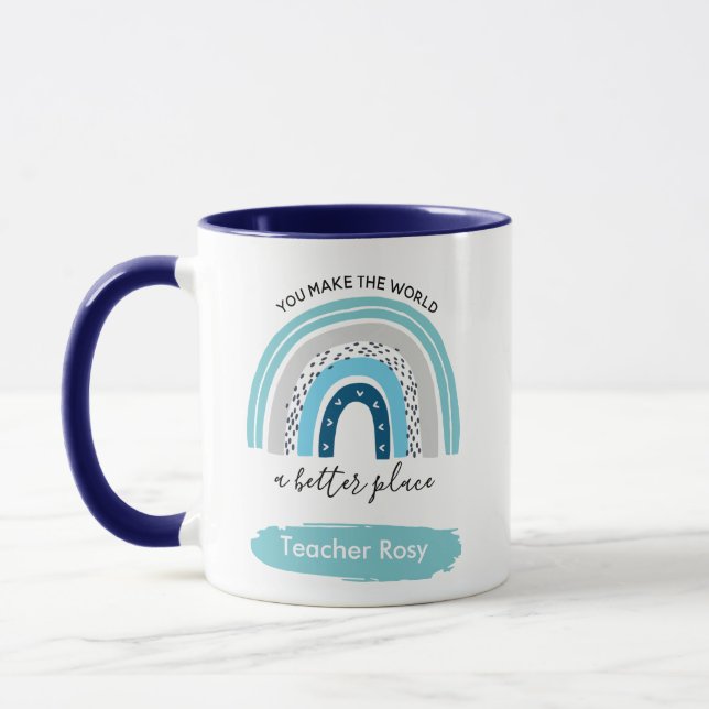 Rainbow Teacher Mugs Boho Blue Personalised (Left)