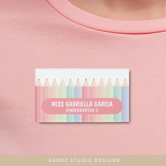 Rainbow Teacher School Name Tag (Pastel color rainbow badge with magnetic back to keep your clothes safe.)