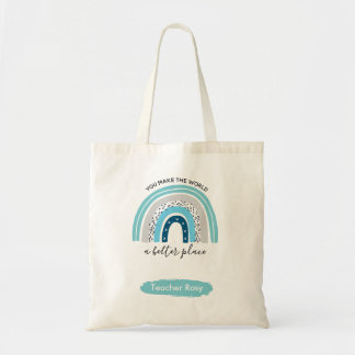 Rainbow Teacher Tote Bags Boho Blue Personalised