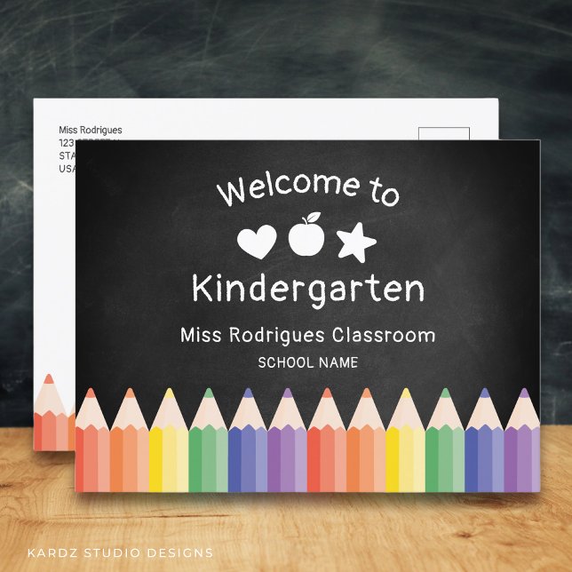 Rainbow Teacher Welcome Kindergarten Template Postcard (Edit the grade, name, and school. Add your info and message on the back.)