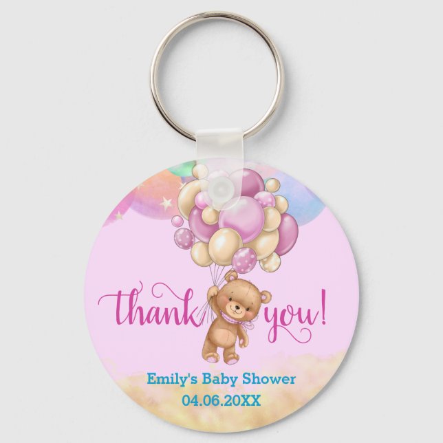Rainbow Teddy Bear Balloons Thank You Baby Shower Key Ring (Front)