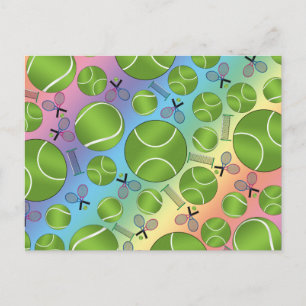 Rainbow tennis balls rackets and nets postcard