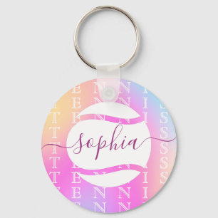 Rainbow Tennis Typography Ball & Girl Players Kids Key Ring