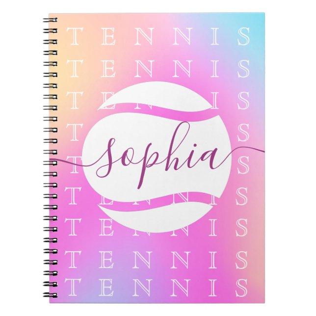 Rainbow Tennis Typography Ball & Girl Players Kids Notebook (Front)