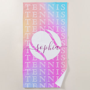 Rainbow Tennis Typography Ball & Girl Players Name Beach Towel