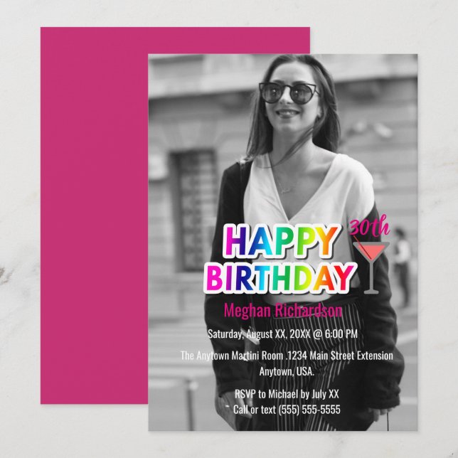 Rainbow Text and Martini Photo Birthday Party Invitation (Front/Back)