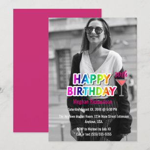 Rainbow Text and Martini Photo Birthday Party Invitation