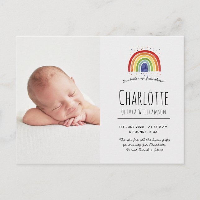 Rainbow thank you card, birth announcements postcard (Front)