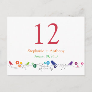 Rainbow Theme Birds Flowers Wedding Table Card