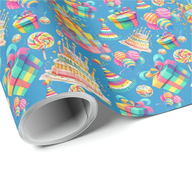 Rainbow Themed Blue Birthday Wrapping Paper (Roll Corner)