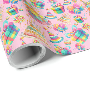 Rainbow Themed Pink Birthday Wrapping Paper