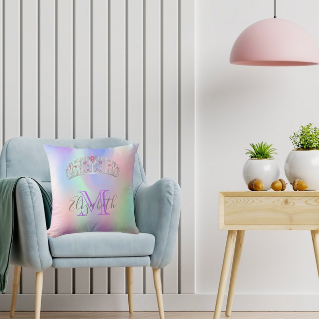 Rainbow tiara crown pink monogram holographic cushion (Creator Uploaded)