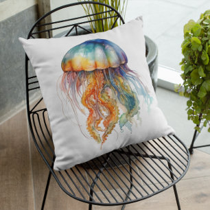 Rainbow Tides Jellyfish: Watercolor Art  Cushion