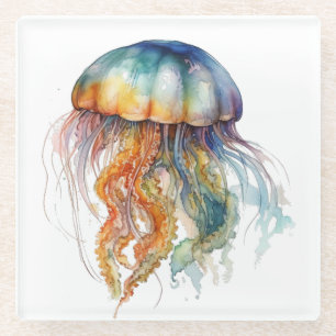 Rainbow Tides Jellyfish: Watercolor Art Glass Coaster