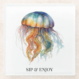 Rainbow Tides Jellyfish: Watercolor Art Glass Coaster