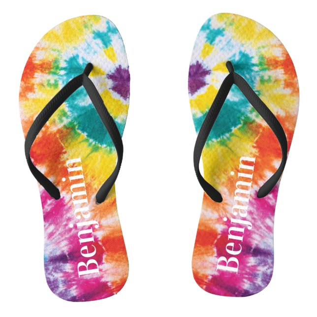 Rainbow Tie Dye Colourful Custom Name Vacation Dad Flip Flops (Footbed)