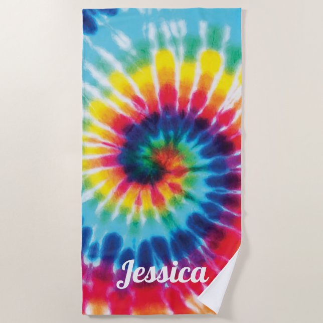 Rainbow Tie Dye Custom Name Beach Towel (Front)