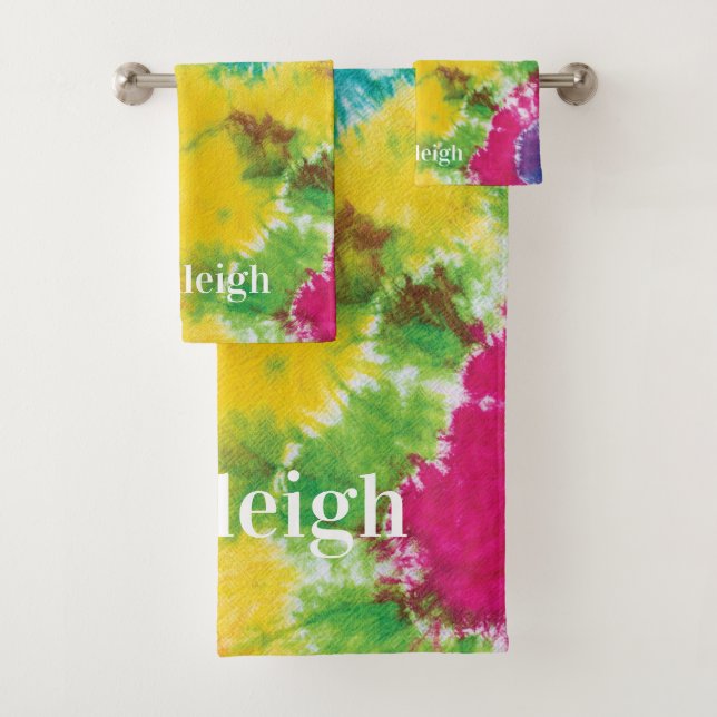 Rainbow Tie Dye Custom Name Housewarming Bath Towel Set (Insitu)