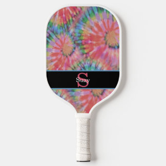 Rainbow Tie Dye Hippie Pattern Initial Monogram Pickleball Paddle
