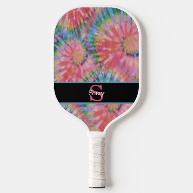 Rainbow Tie Dye Hippie Pattern Initial Monogram Pickleball Paddle (Front)