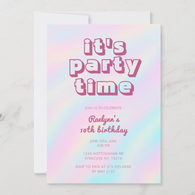 Rainbow Tie Dye Hologram Pastel Party Invitation (Front)