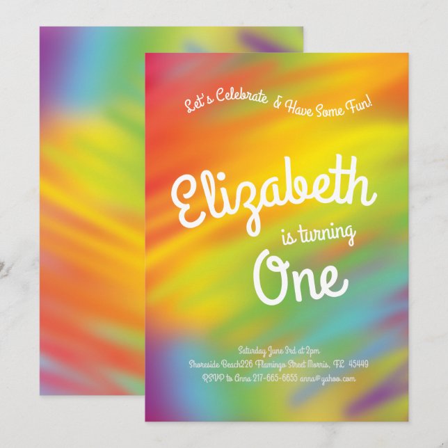 Rainbow Tie Dye Kids 1st Birthday Party Invitation (Front/Back)