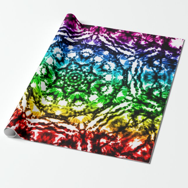 Rainbow Tie Dye Mandala Star Birthday Party Wrapping Paper (Unrolled)