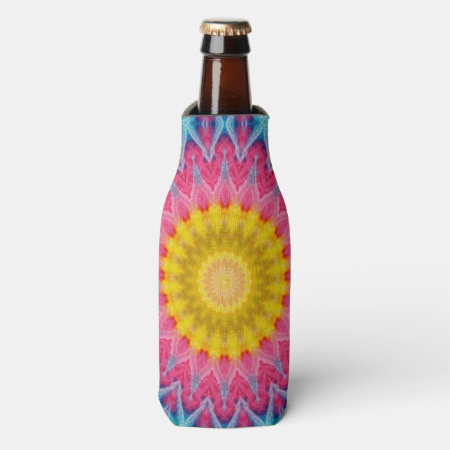 Rainbow Tie-Dye Mandala with Vibrant Symmetry Bottle Cooler (Bottle Front)