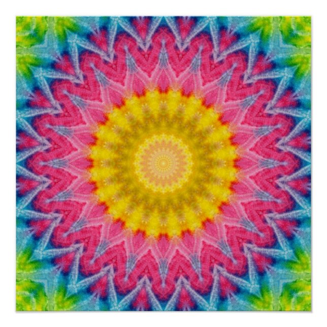 Rainbow Tie-Dye Mandala with Vibrant Symmetry Poster (Front)