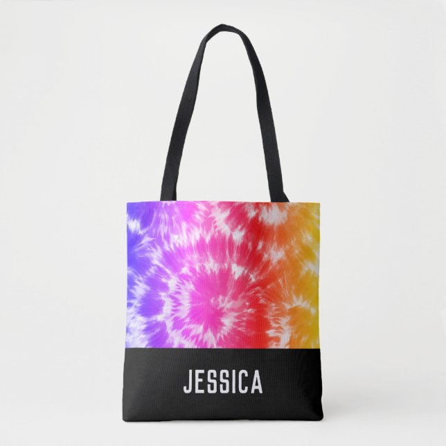 Rainbow Tie Dye Psychedelic Custom Name Tote Bag (Front)