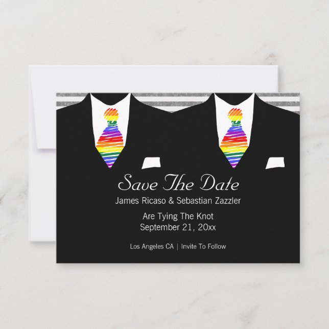 Rainbow Tie Gay Save The Date Wedding Card (Front)