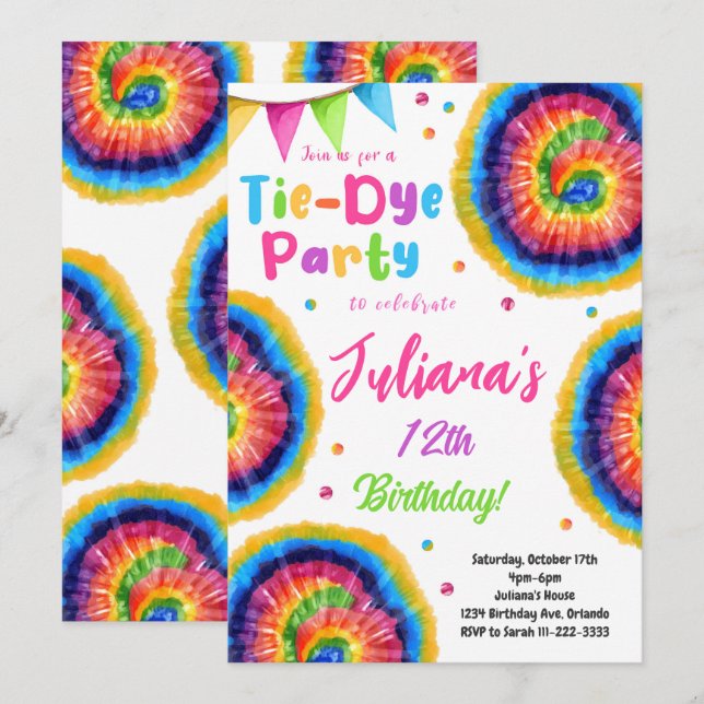 Rainbow Tiedye Birthday Invitation (Front/Back)