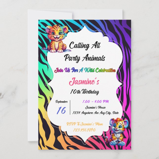 Rainbow Tiger Animal Print Birthday Invitation (Front)