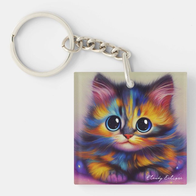 Rainbow Tortie Kitten Acrylic Keychain (Front)
