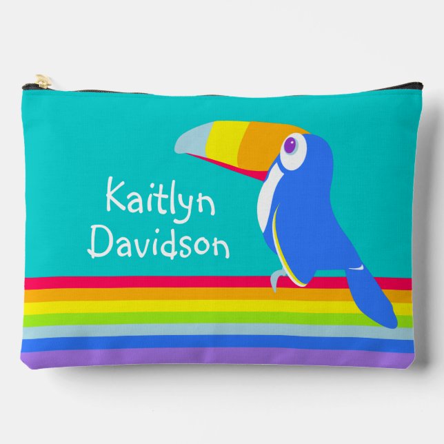 Rainbow toucan teal aqua kids name  accessory pouch (Front)