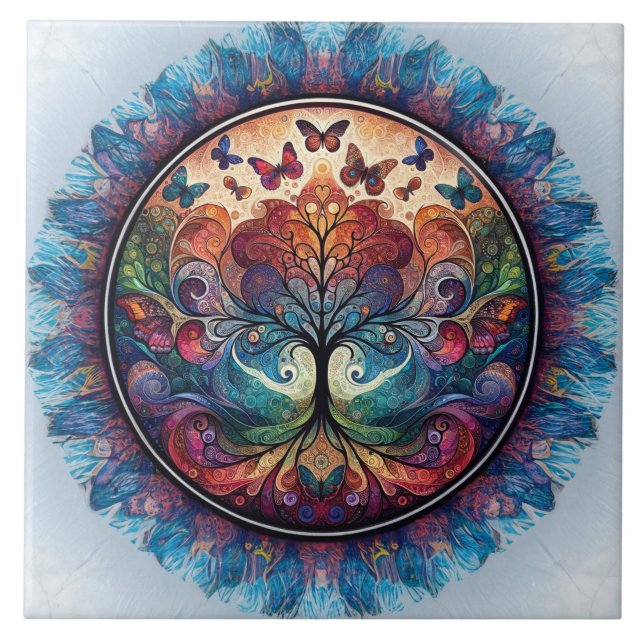 Rainbow Tree of Life Ancient Rustic Tile (Front)