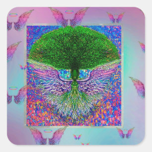 Rainbow Tree of Life with Angel Wings Square Sticker