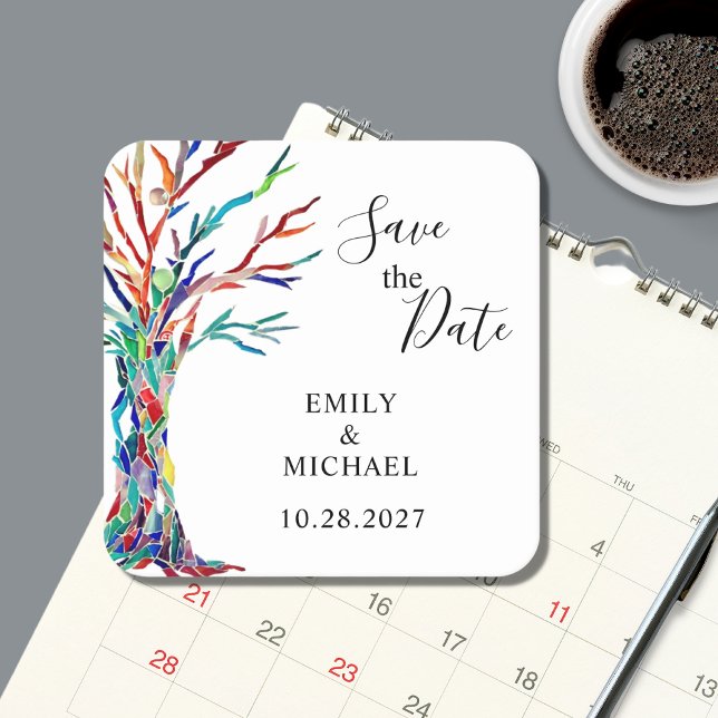 Rainbow Tree Wedding Save The Date Square Paper Coaster (Creator Uploaded)