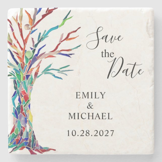 Rainbow Tree Wedding Save The Date  Stone Coaster (Front)